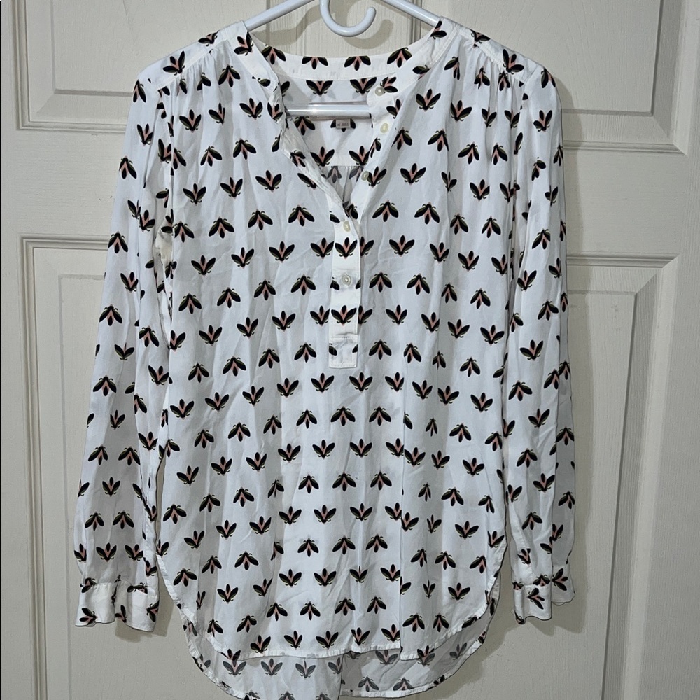LOFT White Blouse with Black and Brown Pattern